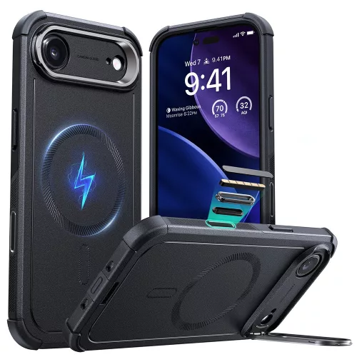 iPhone 17 Air, Ütésálló MagSafe-es tok, kitámasztóval, háromrétegű védelemmel - Fekete - ESR - Cyber Armor Kickstand