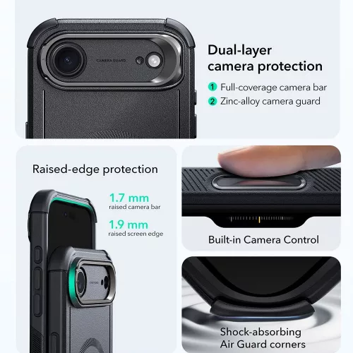 iPhone 17 Air, Ütésálló MagSafe-es tok, kitámasztóval, háromrétegű védelemmel - Fekete - ESR - Cyber Armor Kickstand