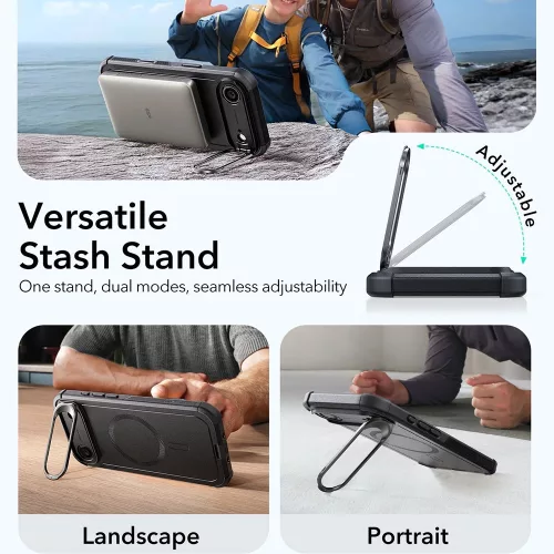 iPhone 17 Air, Ütésálló MagSafe-es tok, kitámasztóval, háromrétegű védelemmel - Fekete - ESR - Cyber Armor Kickstand