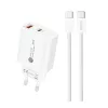 USB-A + USB-C hálózati töltő, 20W, 1 m USB-C - USB-C kábellel - Fehér - A6MaxC