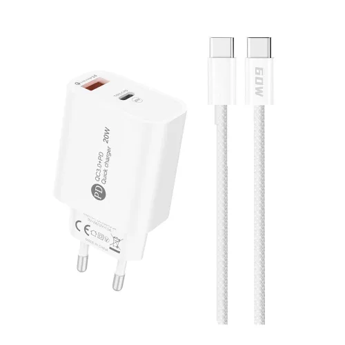 USB-A + USB-C hálózati töltő, 20W, 1 m USB-C - USB-C kábellel - Fehér - A6MaxC
