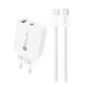 USB-A + USB-C hálózati töltő, 20W, 1 m USB-C - USB-C kábellel - Fehér - A6MaxC