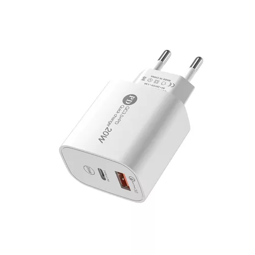 USB-A + USB-C hálózati töltő, 20W, 1 m USB-C - USB-C kábellel - Fehér - A6MaxC