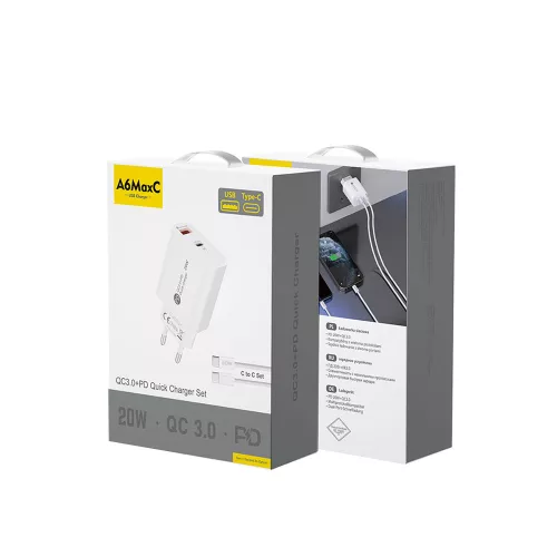 USB-A + USB-C hálózati töltő, 20W, 1 m USB-C - USB-C kábellel - Fehér - A6MaxC