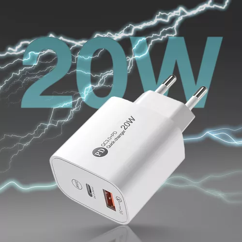 USB-A + USB-C hálózati töltő, 20W, 1 m USB-C - USB-C kábellel - Fehér - A6MaxC