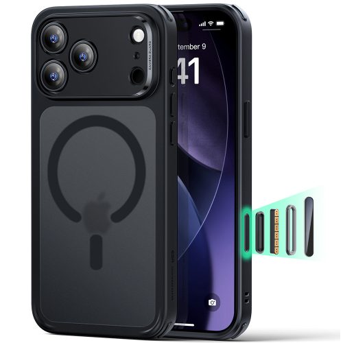iPhone 17 Pro, Ütésállő MagSafe-es tok, Kameravédelemmel, Légpárnás sarkokkal - Matt Fekete - ESR Classic Hybrid HaloLock