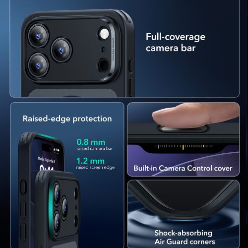 iPhone 17 Pro, Ütésállő MagSafe-es tok, Kameravédelemmel, Légpárnás sarkokkal - Matt Fekete - ESR Classic Hybrid HaloLock