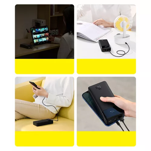 Baseus Bipow powerbank/külső akkumulátor - Digitális kijelző, 2x USB, USB-C, 10000mAh, 20W, Micro-USB - Fekete
