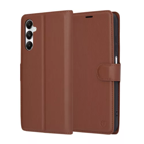Samsung galaxy A06, Kinyitható kártyatartós Ökobőr tok állványfunkcióval - Barna - Techsuit Leather Folio