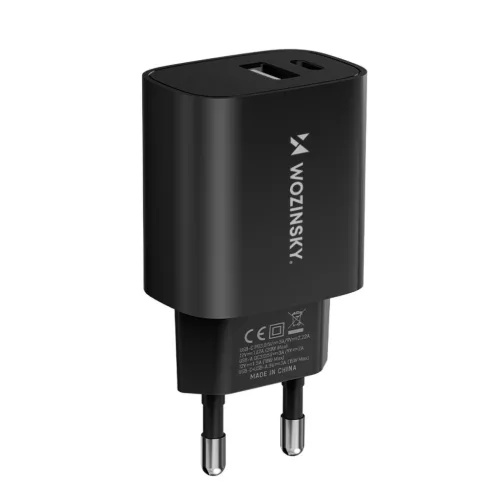 Wozinsky WGWCB fali töltő adapter USB-A és USB-C csatlakozókkal, 20 W teljesítménnyel - fekete