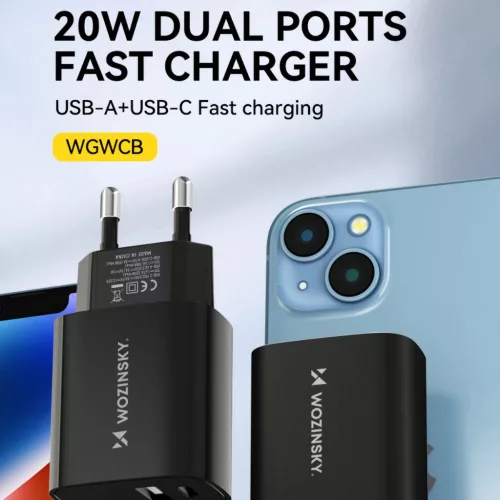 Wozinsky WGWCB fali töltő adapter USB-A és USB-C csatlakozókkal, 20 W teljesítménnyel - fekete