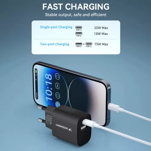 Wozinsky WGWCB fali töltő adapter USB-A és USB-C csatlakozókkal, 20 W teljesítménnyel - fekete