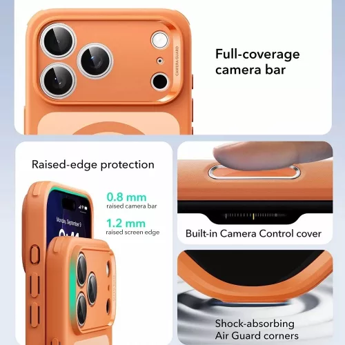 iPhone 17 Pro Max, Ütésállő MagSafe-es tok, Kameravédelemmel, Légpárnás sarkokkal - Matt narancssárga - ESR Classic Hybrid HaloLock