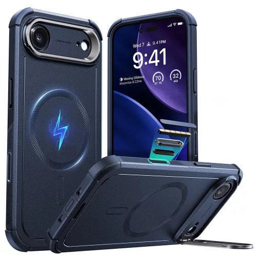 iPhone 17 Air, Ütésálló MagSafe-es tok, kitámasztóval, háromrétegű védelemmel - Kék - ESR - Cyber Armor Kickstand