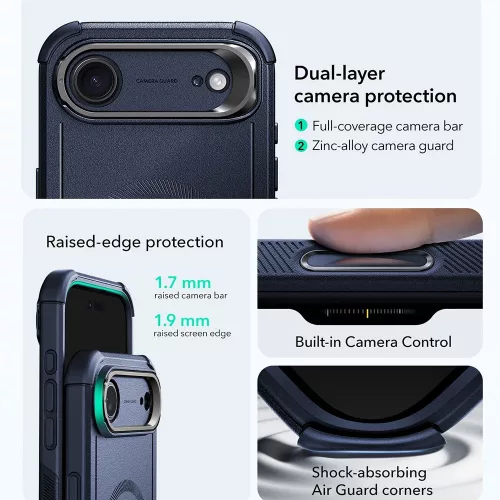 iPhone 17 Air, Ütésálló MagSafe-es tok, kitámasztóval, háromrétegű védelemmel - Kék - ESR - Cyber Armor Kickstand