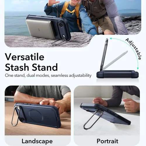iPhone 17 Air, Ütésálló MagSafe-es tok, kitámasztóval, háromrétegű védelemmel - Kék - ESR - Cyber Armor Kickstand