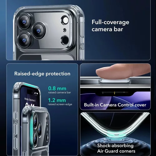iPhone 17 Pro Max, Ütésállő MagSafe-es tok, Kameravédelemmel, Légpárnás sarkokkal - Átlátszó - ESR Classic Hybrid HaloLock