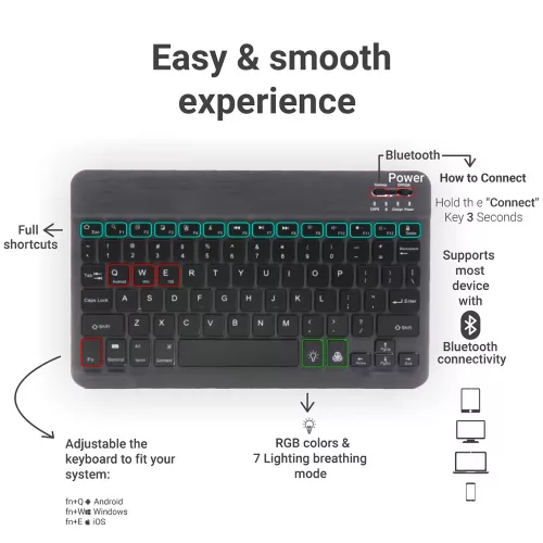 Vezeték nélküli billentyűzet - Bluetooth, RGB világítás, Type-C, fekete - Techsuit WK1