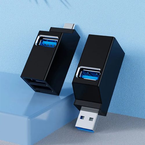 Mini USB elosztó - 3 az 1-ben, USB-A csatlakozóval, 2x USB 2.0 + 1x USB 3.0 - Fekete - Techsuit EchoLink H11