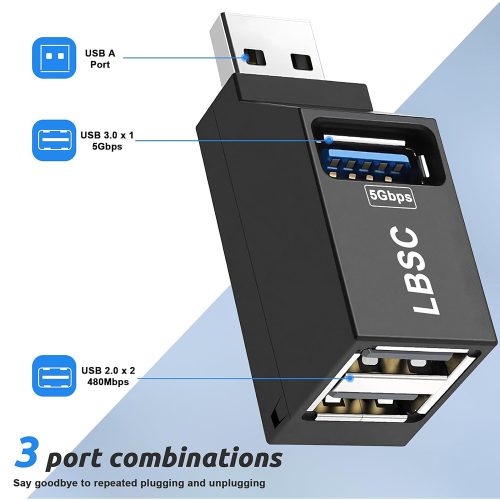 Mini USB elosztó - 3 az 1-ben, USB-A csatlakozóval, 2x USB 2.0 + 1x USB 3.0 - Fekete - Techsuit EchoLink H11