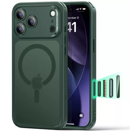 iPhone 17 Pro, Ütésállő MagSafe-es tok, Kameravédelemmel, Légpárnás sarkokkal - Matt zöld - ESR Classic Hybrid HaloLock