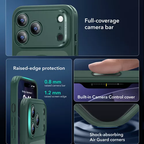iPhone 17 Pro, Ütésállő MagSafe-es tok, Kameravédelemmel, Légpárnás sarkokkal - Matt zöld - ESR Classic Hybrid HaloLock