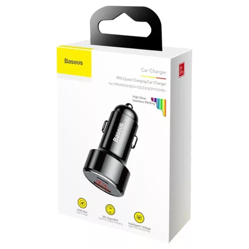 Baseus Magic Series autós töltő – kijelző, USB-A, USB-C, Quick Charge 4.0, QC 3.0, 45 W – fekete
