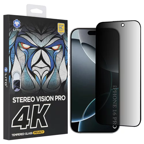 iPhone 17 / iPhone 16 Pro Privacy kijelzővédő fólia - Betekintésgátló, 9H edzett üveg, 3D teljes kijelzős illeszkedés, ujjlenyomat-mentes - Lito D+ Max 4K Privacy