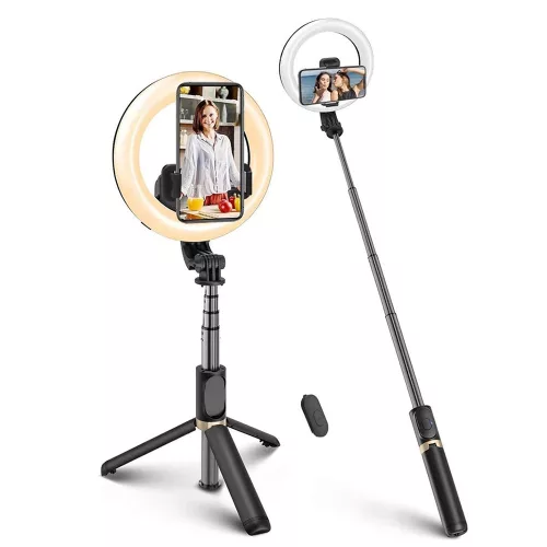 Selfie Bot - Stabil Tripod LED gyűrűfénnyel, Bluetooth távirányítóval, 80 cm - Fekete - Techsuit (Q07)