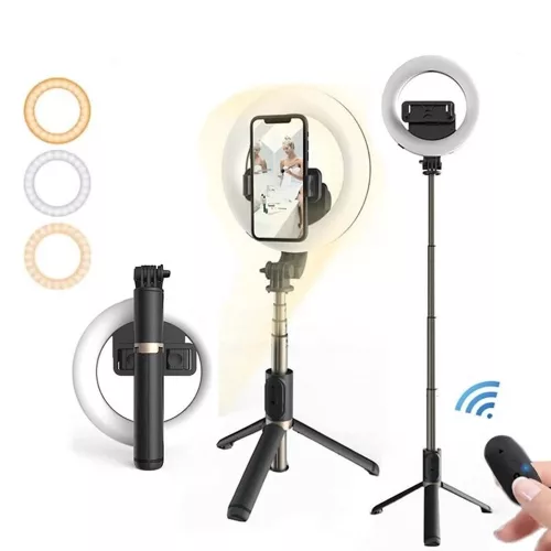 Selfie Bot - Stabil Tripod LED gyűrűfénnyel, Bluetooth távirányítóval, 80 cm - Fekete - Techsuit (Q07)