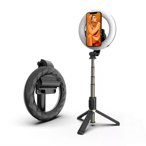 Selfie Bot - Stabil Tripod LED gyűrűfénnyel, Bluetooth távirányítóval, 80 cm - Fekete - Techsuit (Q07)