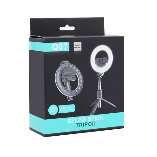 Selfie Bot - Stabil Tripod LED gyűrűfénnyel, Bluetooth távirányítóval, 80 cm - Fekete - Techsuit (Q07)