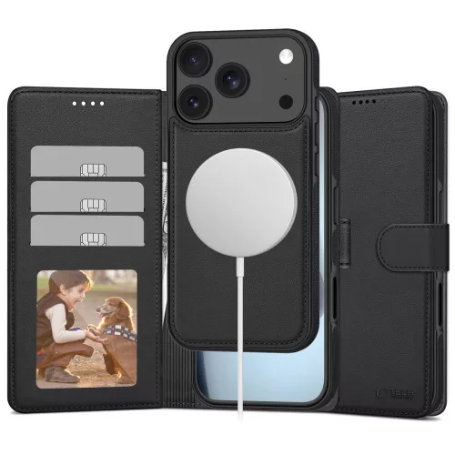 iPhone 17 Pro Max, Mágneses Öko bőr telefontok kártyatartóval és állvánnyal - Matt fekete - Tech-Protect Wallet MagSafe