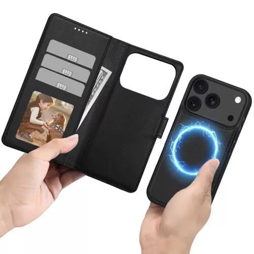 iPhone 17 Pro Max, Mágneses Öko bőr telefontok kártyatartóval és állvánnyal - Matt fekete - Tech-Protect Wallet MagSafe