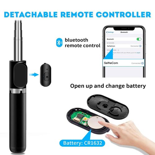 Techsuit - Selfie Bot (Q02) – Összecsukható tripod Bluetooth távirányítóval, 360°-os forgással, rozsdamentes acél, 103 cm – Fekete