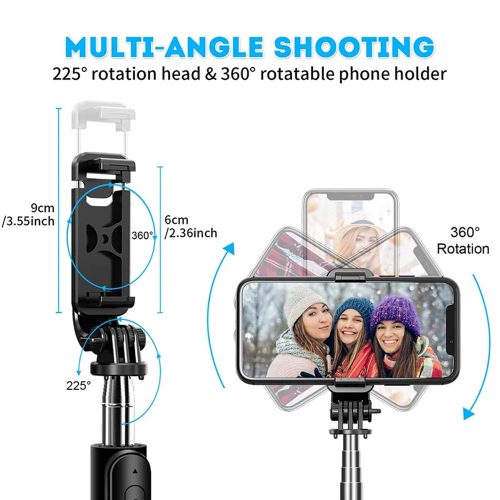 Techsuit - Selfie Bot (Q02) – Összecsukható tripod Bluetooth távirányítóval, 360°-os forgással, rozsdamentes acél, 103 cm – Fekete