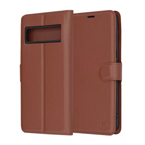 Google Pixel 8 Pro, Kinyitható kártyatartós Ökobőr tok állványfunkcióval - Barna - Techsuit Leather Folio