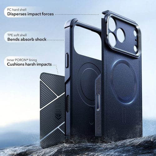 iPhone 17 Pro, Ütésálló MagSafe-es tok, kitámasztóval, háromrétegű védelemmel - Kék - ESR - Cyber Armor Kickstand
