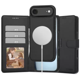   iPhone 17 Air, Mágneses Öko bőr telefontok kártyatartóval és állvánnyal - Matt fekete - Tech-Protect Wallet MagSafe