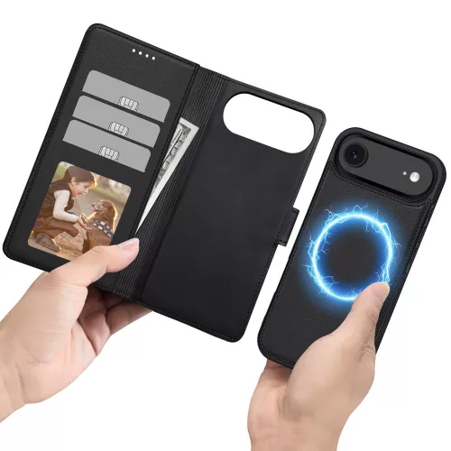 iPhone 17 Air, Mágneses Öko bőr telefontok kártyatartóval és állvánnyal - Matt fekete - Tech-Protect Wallet MagSafe