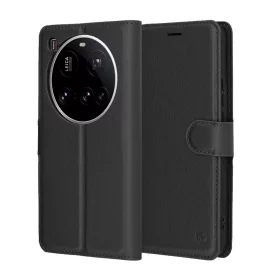    Xiaomi 15 Ultra, Kinyitható kártyatartós Ökobőr tok állványfunkcióval - Fekete - Techsuit Leather Folio