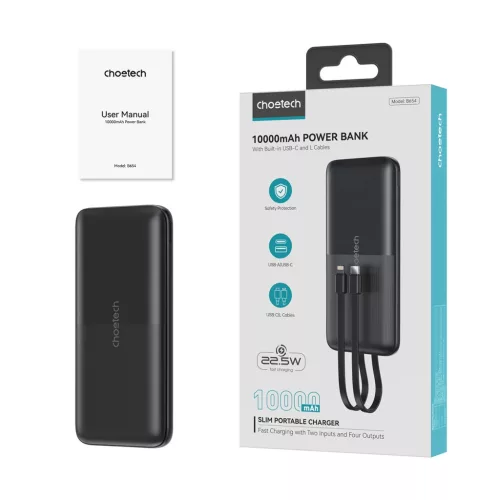 Choetech Powerbank B654 10000mAh 22.5W USB-A / USB-C / micro USB + beépített USB-C / Lightning cable - fekete