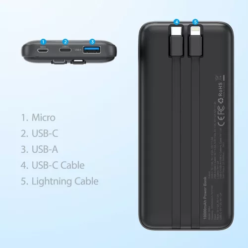 Choetech Powerbank B654 10000mAh 22.5W USB-A / USB-C / micro USB + beépített USB-C / Lightning cable - fekete