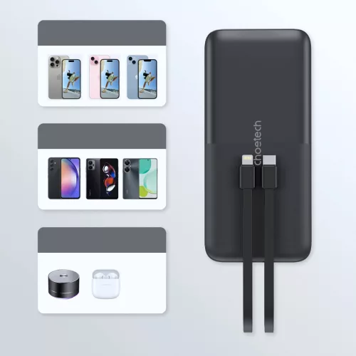 Choetech Powerbank B654 10000mAh 22.5W USB-A / USB-C / micro USB + beépített USB-C / Lightning cable - fekete