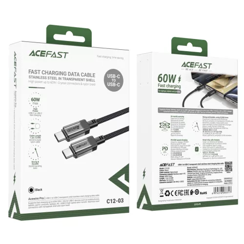Acefast C12 USB-C / USB-C kábel, 60W, 480 Mb/s sebességgel - fekete