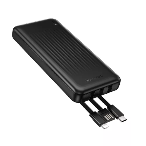Borofone – Power Bank (BJ79) – beépített 3 db kábellel (USB, USB-C, Lightning), LED kijelzővel, 2A, 10000 mAh – fekete