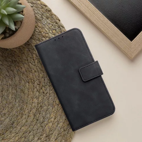 iPhone 17, Mágneses kinyitható hasított ECO bőr tok, belső kártyatartó zsebbel - Fekete - TENDER