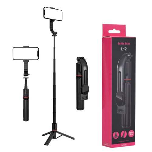 Techsuit - Selfie Bot (L12) - Stabil alumínium tripod, összecsukható és hordozható, vezeték nélküli távirányítóval, 106 cm - Fekete