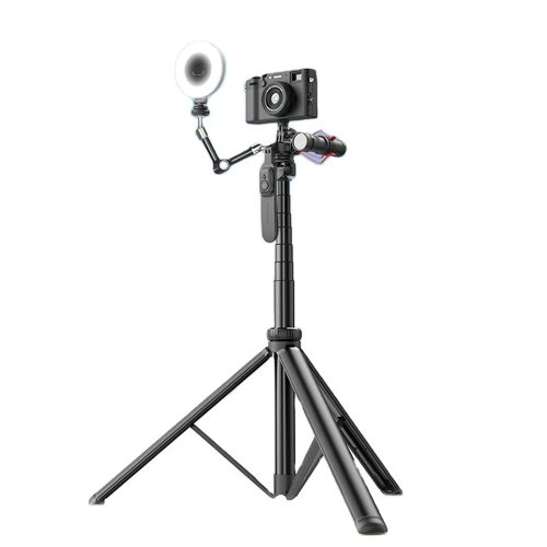 Techsuit - Selfie Bot (C05) - Nagyméretű állítható tripod Bluetooth távirányítóval, 360°-os forgással, alumínium ötvözet, 205 cm - Fekete