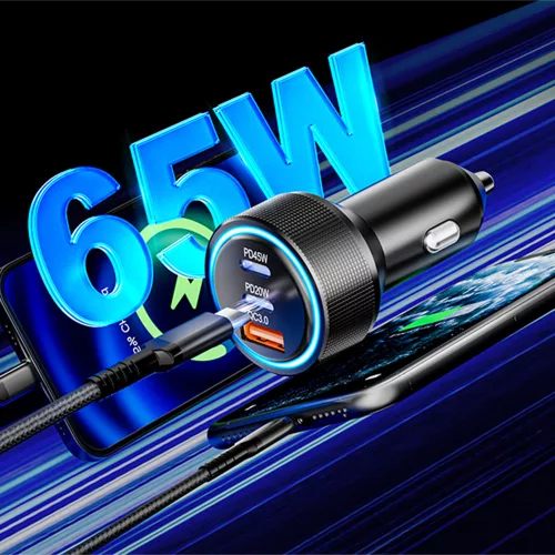 Techsuit Premium DriveBoost (C6) autós töltő – gyorstöltés, LED-fény, USB, 2 × USB-C, 60 W – Ezüst
